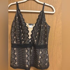 NWOT VENUS Black Lace Sequin Nude Sexy Plunge Cami Top Large